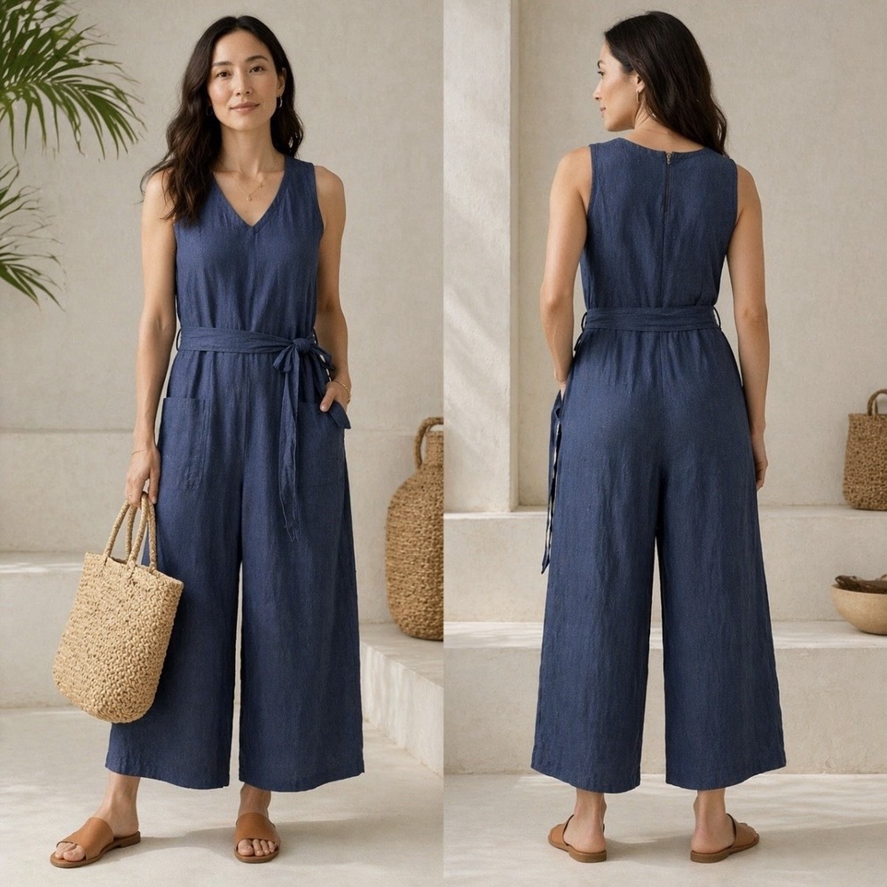 Eileen Fisher Deep Navy Textured Wide-Leg Sleeveless Jumpsuit